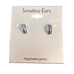 Silver Tone Etched Half Hoop Earrings Sensitive Ears Hypoallergenic .5" New Card